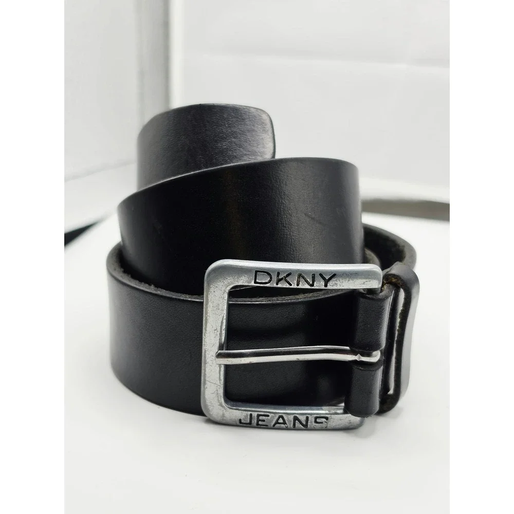 DKNY Jeans Mens Black Leather Belt Silver Square Logo Buckle Made in Mexico 34